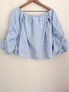 Petersyn blue Striped long Puff Sleeve Top blouse off shoulder M
